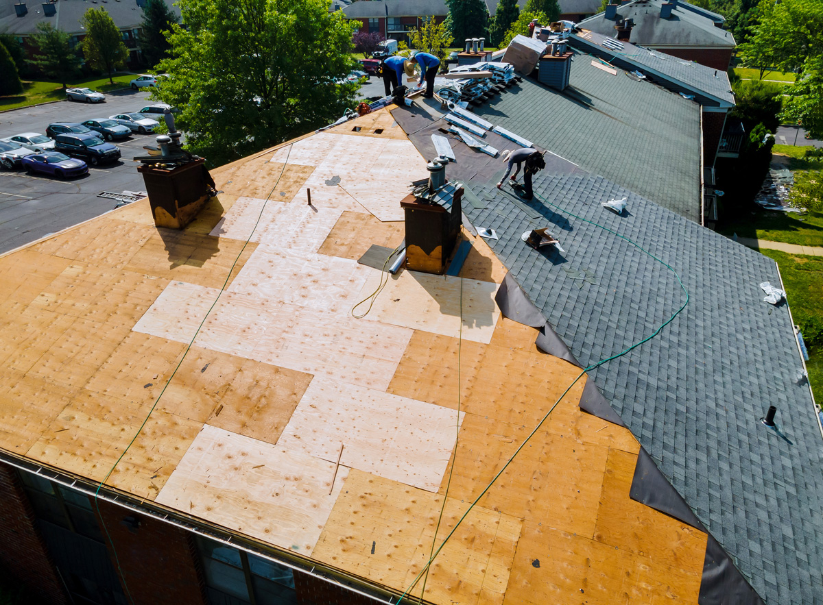 An aerial view of a roof being installed in Euclid.