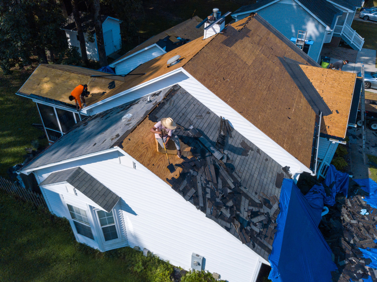 An aerial view of a roof being replaced in Euclid